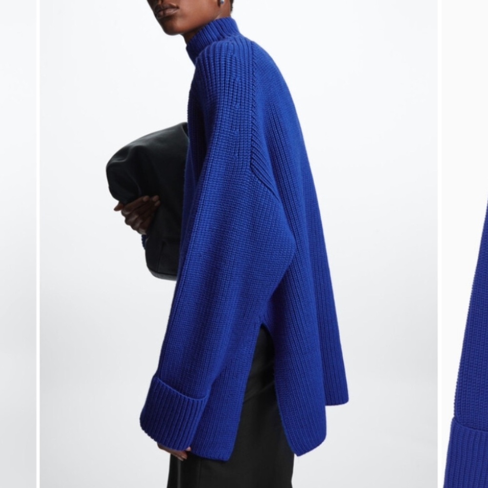 COS Oversized 100% Wool Dark Grey Turtleneck Side Slits Knit Sweater | small